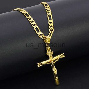 Hanger Kettingen Echt 10k Geel Massief Fijn Goud GF Jesus Cross Crucifix Charm Grote Hanger 5535mm Figaro Collier 24 J230612
