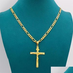 Pendentif Colliers Réel 10K Jaune Solide Or Fin Jésus Croix Crucifix Charme Grand Pendentif 55X35Mm Figaro Chaîne Collier Drop Delivery Dhpho