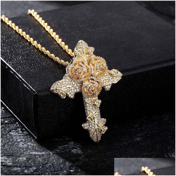 Pendentif Colliers Réel 14K Plaqué Or Diamant Croix Collier Romantique Saint Valentin Bijoux Religieux Pour Les Couples Drop Delivery Pen Dh5Ah