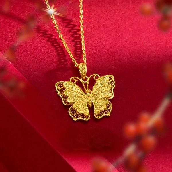 Pendentif Colliers Véritable 18K Or Creux Papillon Collier Lavicule Chaîne pour Femmes Mariée Pure 999 Chaînes Fine Bijoux Cadeaux 231012