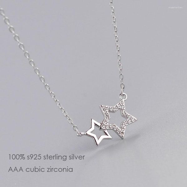 Collares pendientes Real 925 Plata de Ley Cristal Doble Estrellas Collar Rodio Plateado Cz Gargantilla Joyería Para Niñas