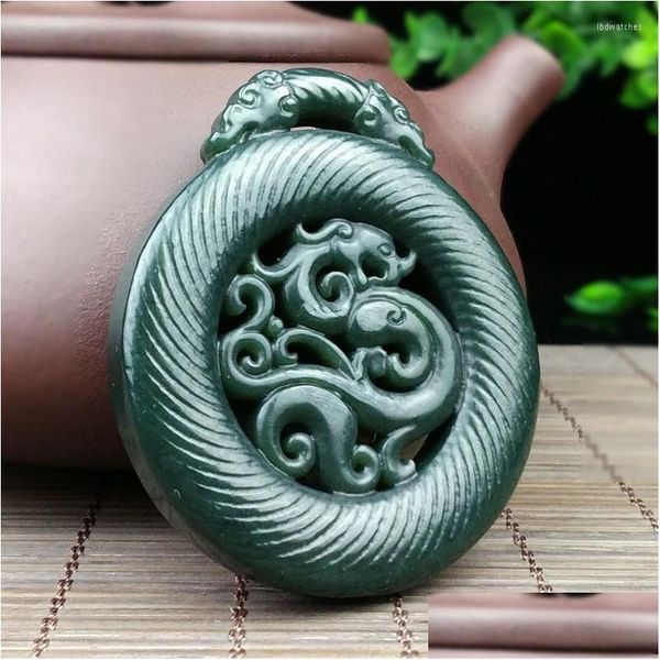 Collares pendientes Real Hetian Green Jade Two Side Handcarved Dragon Colgantes Collar Hombres Mujeres Joyería Drop Delivery Dh0Nz