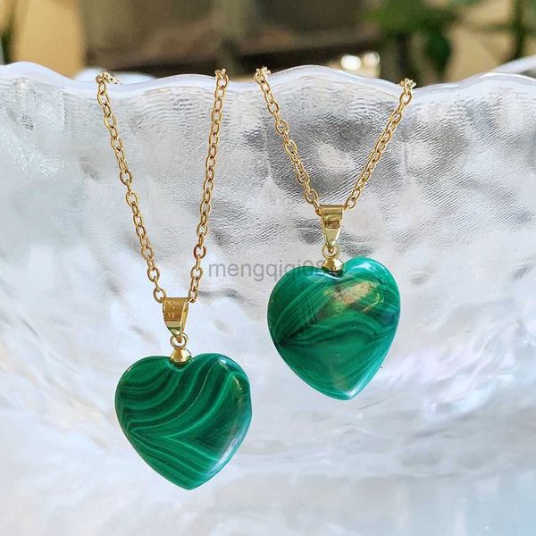 Collares con colgantes, collar de piedra de malaquita Natural Real, colgante de péndulo en forma de corazón verde curativo, cadena de acero inoxidable, gargantilla para mujer Y23