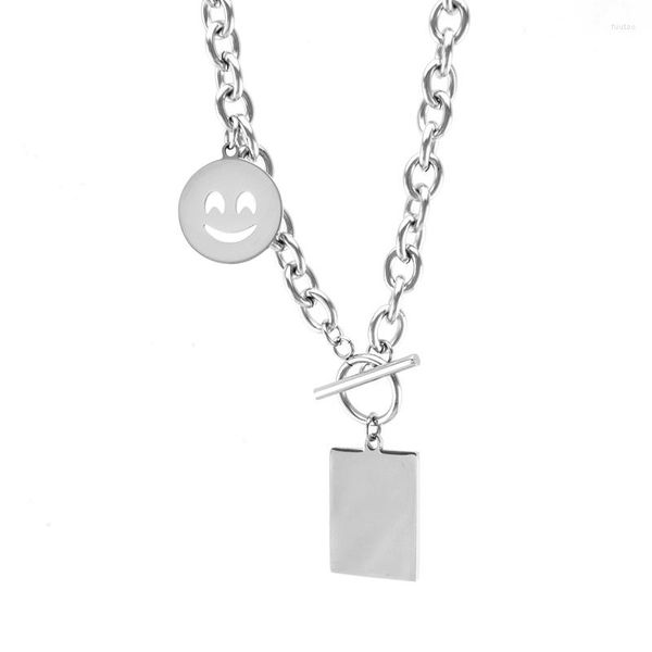 Pendentif Colliers Rectangle De Mode Collier Pour Femmes Hommes Sourire Charme En Acier Inoxydable Rolo Câble Lourd Chunky Chaîne Collier Ras Du Cou