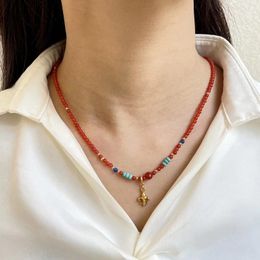 Colliers pendentifs Perles d'agate rouge avec collier d'ancrage de bateau turquoise pour femmes