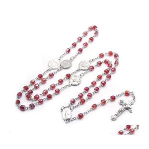 Pendentif Colliers Cristal Rouge Chapelet Collier Avec Coupe Vintage Jésus Croix Pendentif Long Religieux Prier Bijoux Cadeau Pour Hommes Femmes Dr Dhh6M