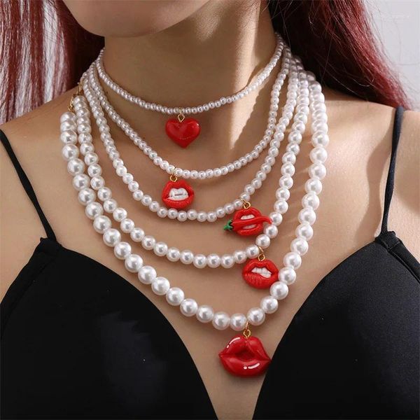 Pendentif Colliers Lèvres Rouges Collier Femme Exagéré Imitation Perle Multicouche Luxe 2024 Chaîne De Clavicule De Mariage Pour Dames Mode