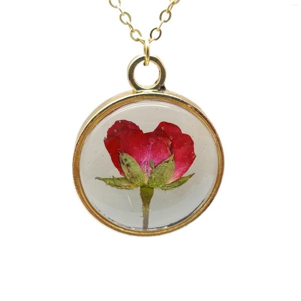 Colliers pendants Red Rose Real Flower Transparent Transparent Verket Floating Color chaîne Collier Long Femmes Boho Fashion Bijoux Love Romantique