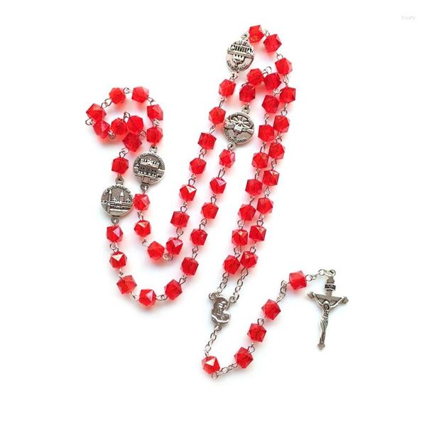 Collares colgantes Cuadrado rojo Cuentas acrílicas Jesús Cruz Rosarios Neckalce para mujeres Joyería de oración religiosa Colgante