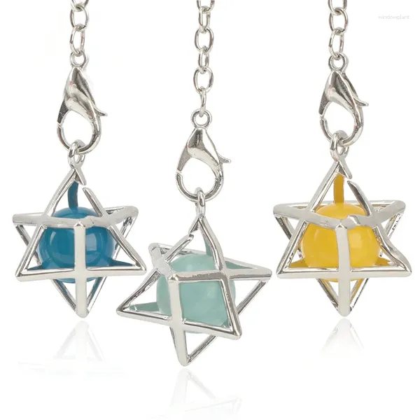 Collares colgantes Reiki Piedra natural Merkaba Péndulo para Wicca Dowsing Seis puntos Estrella Péndulo Cristal redondo Cuentas de cuarzo Colgantes Mujeres