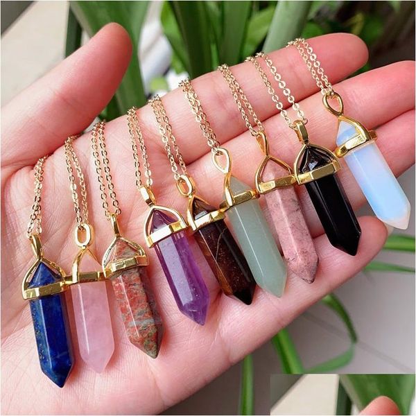 Pendentif Colliers Reiki Véritable Pierre Naturelle Collier Chakra Hexagonal Améthystes Rose Violet Cristal Femmes Bijoux Drop Delivery Pendan Dhm3G