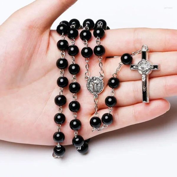 Pendentif Colliers Religieux Catholique Noir Glacé Rosaire Collier Pour Femmes Vierge Marie Crucifix Longue Perlée Chandail Chaîne Bijoux Cadeau