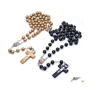 Pendentif Colliers Religieux Catholique Bijoux Long Bois Chapelet Collier Croix Pendentif Pour Hommes Femmes Or Noir Drop Delivery Collier Dhmiy