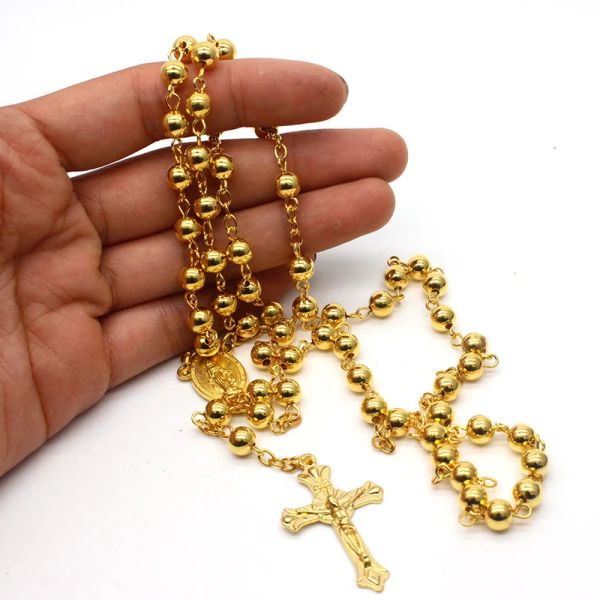 Religieux chrétien 14k or jaune chapelet perles collier jésus croix pendentif collier longue chaîne cou bijoux cadeau
