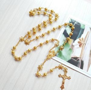Collares colgantes Collar de rosario de oro religioso Flor Hueco Cuentas de oración Cadena Crucifijo católico Cruz Iglesia Bautismo Joyería H2222465