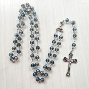 Pendentif Colliers Religieux Saint Graal Calice Médaille Prière Chapelet Collier Vintage Bleu Cristal Perles Crucifix Croix Chaplet Communion