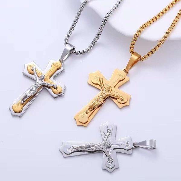 Pendentif colliers religieux jésus croix collier pendentif pour hommes couleur dorée 14k or jaune Crucifix colliers mâle chrétien bijoux