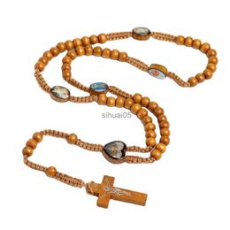 Bijoux religieux croix jésus pendentif chapelet collier bois naturel tissé à la main perles en bois Jérusalem bijoux catholiques x1009