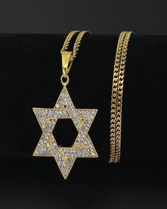 Pendentif Colliers Menorah religieuse et étoile de David Je Collier en acier inoxydable 35mmchaîne cubaine Hip Hop Bling bijoux pour M7876178