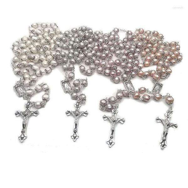 Collares pendientes Religioso Natural Perla de agua dulce Rosario Collar de cruz de aguja curva de alta calidad Católico y se puede dar como regalo