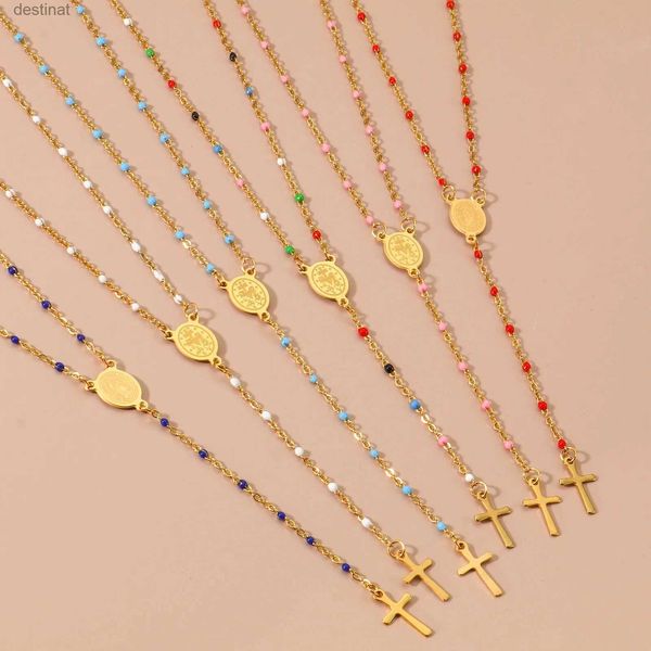 Religieux en acier inoxydable croix vierge marie pendentif collier multicolore lien câble chaîne femmes fête bijoux cadeaux 49 cm de long1PCL242313