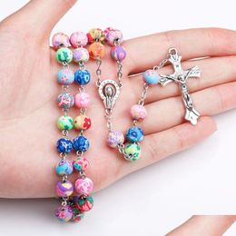 Colliers de pendentif Relin Rosaire croix pour les femmes Colorf Soft Y perles de longue chaîne Vierge Mary Jewelry Drop Livrot Pendants Dhzje
