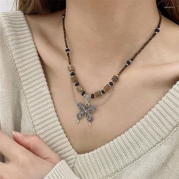 Pendentif Colliers Rétro Style Chinois Papillon Collier Perles Pierre Naturelle Os Chaîne Bijoux Pour Femmes Filles Mode Fête Cadeau