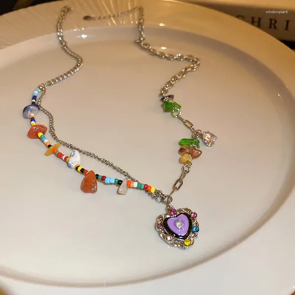 Pendentif Colliers Rétro Coloré Pierre Naturelle En Forme De Coeur Collier Multi-Parties Chaîne De Clavicule Européenne Et Américaine Femmes