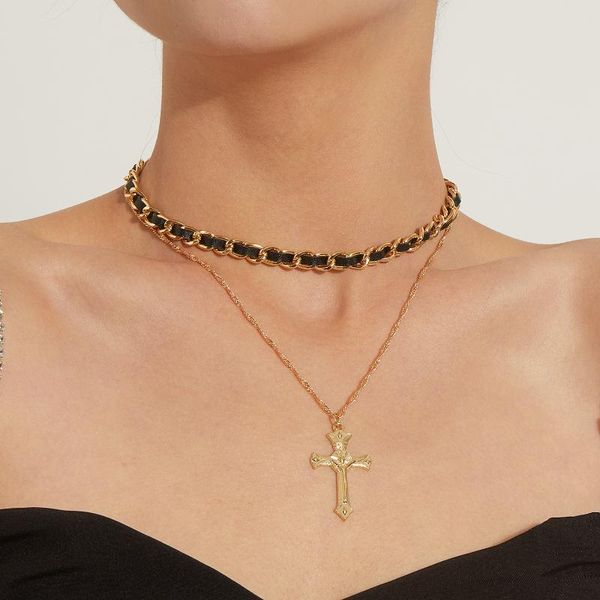 Collares con colgante de Cruz Retro para mujer, Gargantilla con cinturón negro, cadena corta para clavícula, joyería de moda 2021