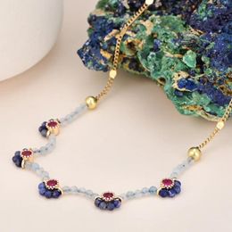 Pendentif Colliers Rétro Design Femmes Bleu Sodalite Pierre Collier Boho Opale Fleur Forme Chaîne Pour Cadeau En Gros Drop-