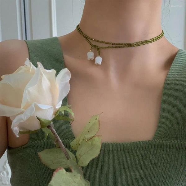 Collares colgantes retro elegante verde oliva cuentas de cristal campana orquídea collar mujer flor doble capa envuelta varios métodos de uso