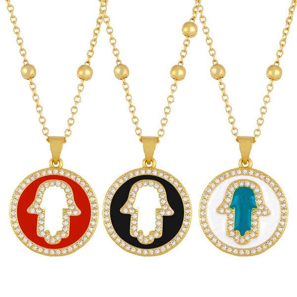 Collares colgantes Hamsa de mano de oro chapado en oro para mujeres Circón blanco de moneda redonda de monedas colgantes Choker Zirconia Jewelrypenda