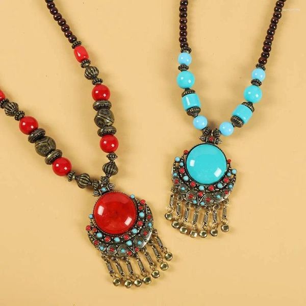 Collares colgantes Retro Gypsy Cadena larga Joyería tibetana Cabeza étnica Collar de borlas Bohemia Tiara Frente