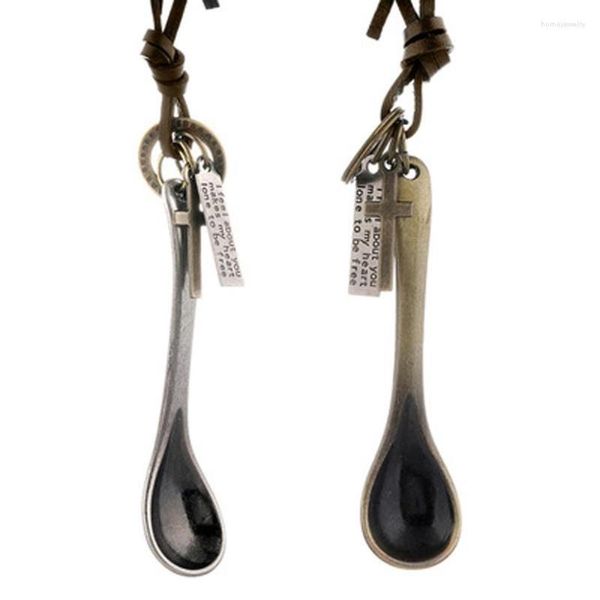 Pendentif Colliers Bijoux Rétro Personnalité Simple Cuillère Collier En Peau De Vache Pour Hommes Européens Et Américains