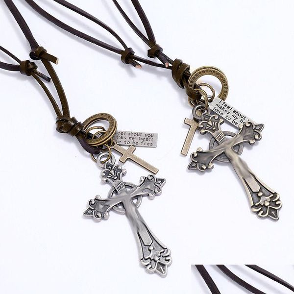 Pendentif Colliers Rétro Lettre Id Jésus Croix Collier Anneau Charme Chaîne En Cuir Réglable Pour Femmes Hommes Mode Bijoux Cadeau Drop D Dh396