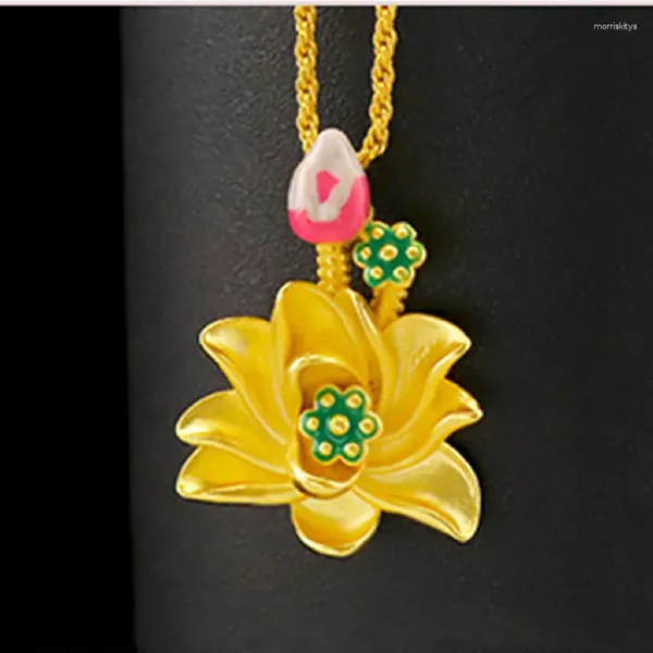 Pendentif Colliers Rétro Lotus Vietnam Placer Or Antique Brûlant Bleu Coloré Feuilles Vertes Fleur Collier Suspendu