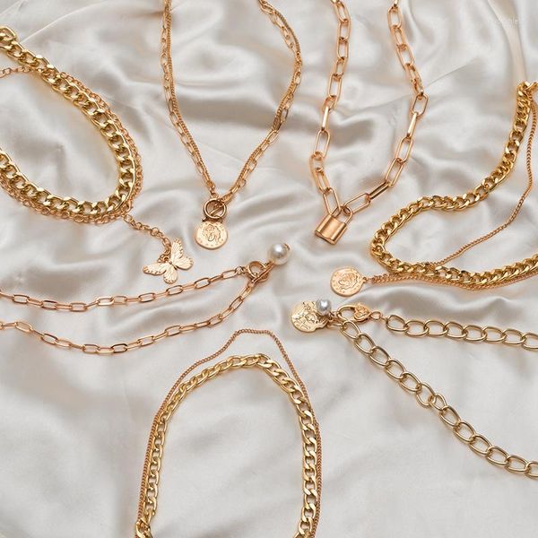Pendentif colliers rétro déclaration perle serrure collier pour femmes multicouche papillon doré chaîne 2023 tendance bijoux