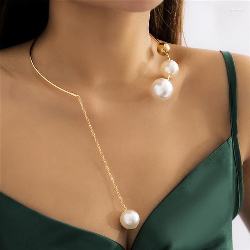 Hänghalsband retro stil överdriven pärlhalsband geometrisk enkelhet runt pärla öppning justerbar metall krage eleganta smycken