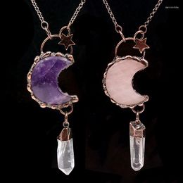 Collares pendientes Estilo retro Piedra natural Collar de luna creciente para mujeres Cristal curativo Reiki Ópalo Ojo de tigre Cuarzo rosa Joyería