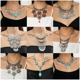 Hanger kettingen retro turquoise ketting voor vrouwen accessoires meisjes meisjes mode multilayer etnische stijl zwart rood stenen feest sieraden cadeau