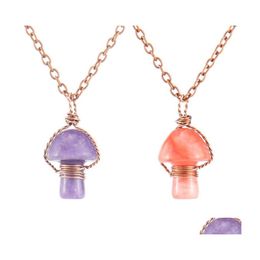 Pendentif Colliers Rétro Fil Wrap Sculpture Champignon Reiki Guérison Cristal Oeil De Tigre Rose Quartz Opale Aventurines Collier Pour Femmes J Dhph0