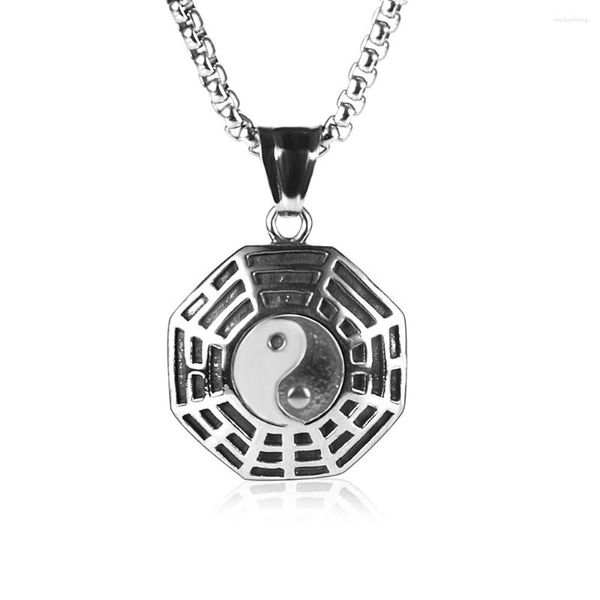 Collares pendientes Retro Yin y Yang Amuleto Ocho diagramas Collar Acero inoxidable Tai Chi Fengshui Cuello Decoración para hombres Caja Cadena de clavícula