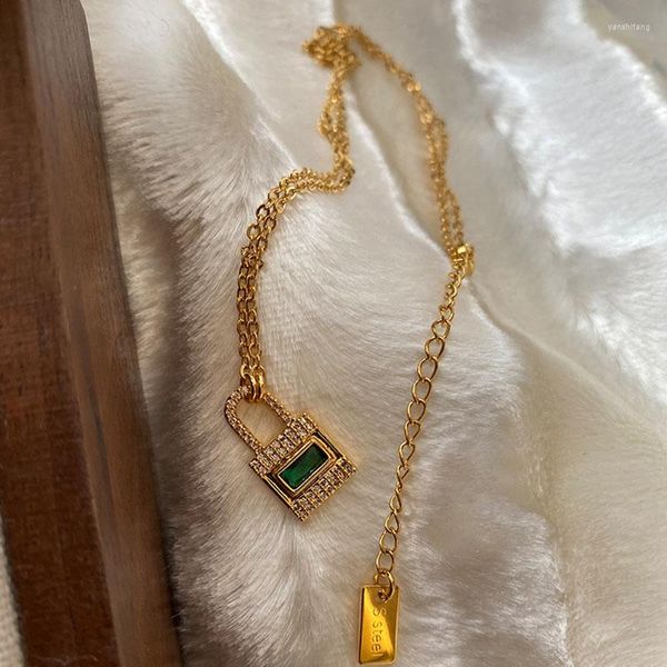 Pendentif colliers strass vert Cz serrure pour femmes Simple minimaliste délicat collier Vintage fait main bijoux 2023