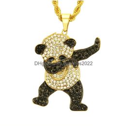 Colliers pendants Rimestone Luxury Hip Hop Jewelry Gold Sier Dancing Funny Panda Animal Iced Out Rock Designer Gift for Men Drop Deli DHK0J