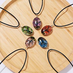 Collares pendientes Rinhoo Joyas retro Collar de espécimen de flores secas reales Árbol de la vida en forma de cuerda de cuero Vidrio para mujeres Regalos Colgante