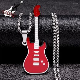 Pendentif Colliers Rock Musical Guitare Collier Hommes Couleur Rouge En Acier Inoxydable Instruments Bijoux Ras Du Cou Gargantilla NXH490S06