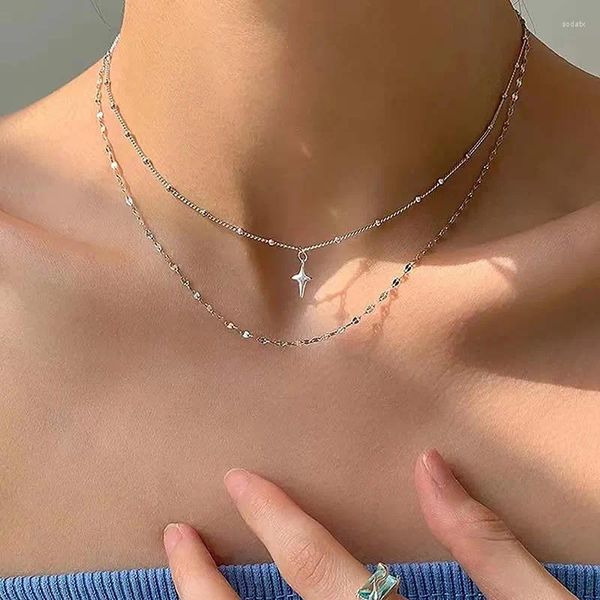 Colliers pendants Collier d'astérisme de bicouche romantique pour femmes strass scintillantes Star Heart Perle chauffeur Y2K Accessoires Fine Bijoux