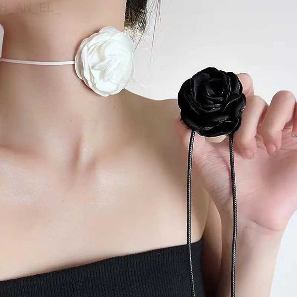 Pendentif Colliers Romantique gothique noir Rose collier pour femmes dames élégant blanc camélia fleur réglable tour de cou bijoux de fête de mariage Y2KC24326
