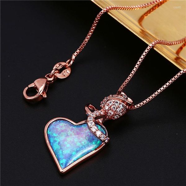 Pendentif Colliers Romantique Amour Coeur Collier Rose Or Argent Couleur Chaîne Blanc Bleu Opale Fleur Pour Les Femmes Partie