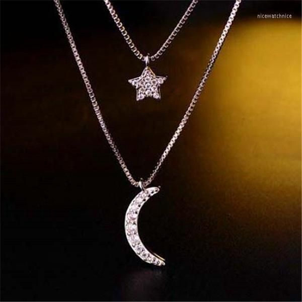 Pendentif Colliers Collier Romantique Femmes Étoile Lune Deux Couche Cadeaux Bijoux De Mode